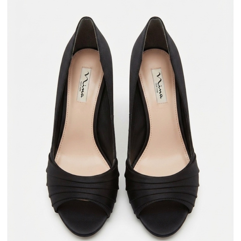 Nina New York Black Satin Pleated Peep Toe dOrsay Pumps Stiletto Heels‎